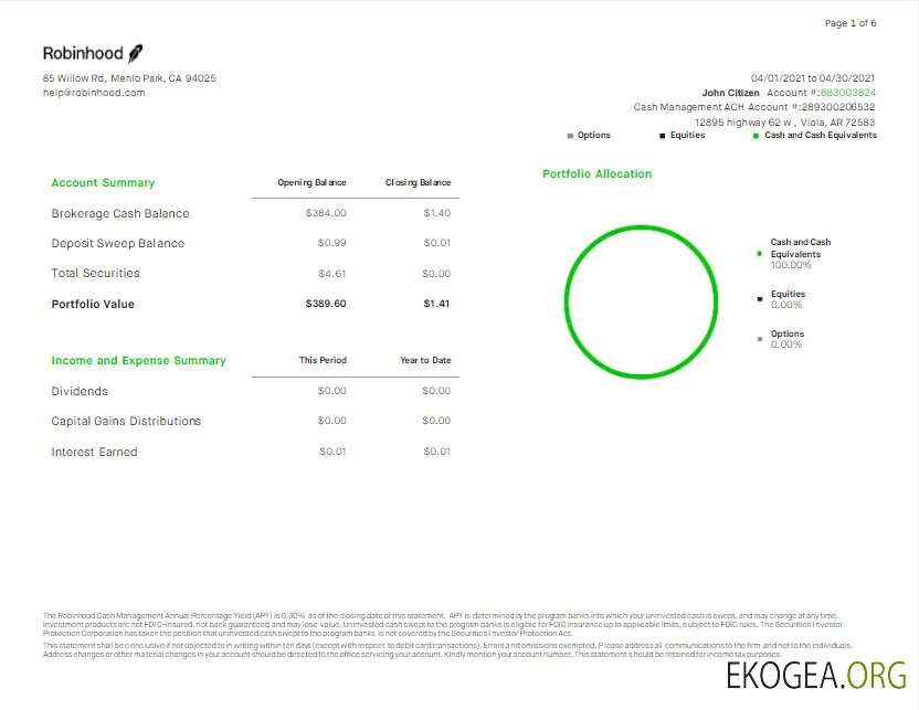 États Unis Relevé bancaire Robihood Modèle Word et PDF scr